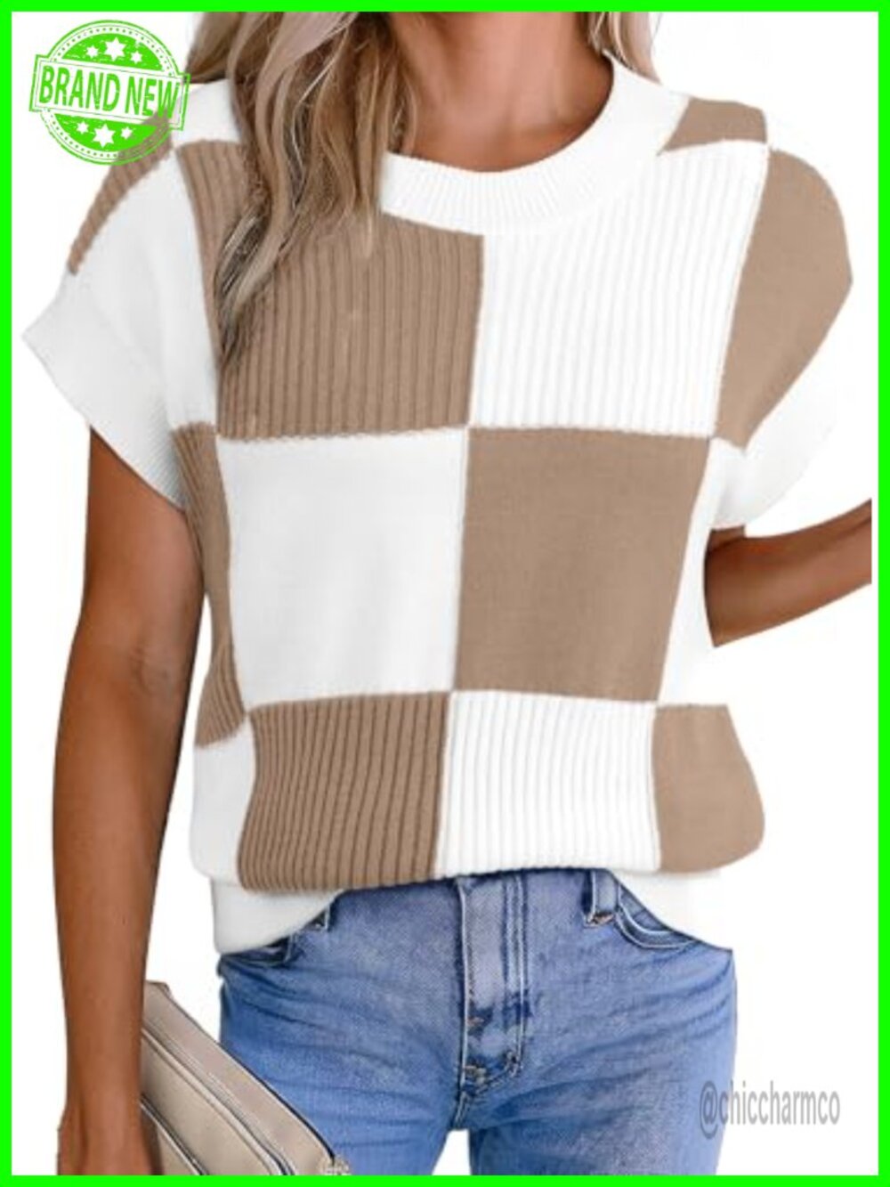 Short Sleeve Sweater Vest Women Color Block Checkered Knit
